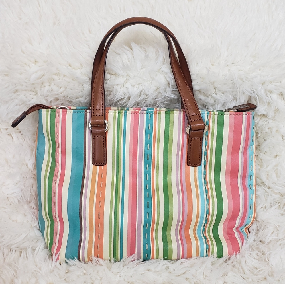 Fossil Striped Zip Up Purse Leather Satchel